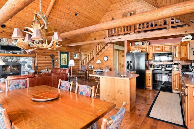 dining area with stairway, dark wood-style floors, high vaulted ceiling, log walls, and wood ceiling