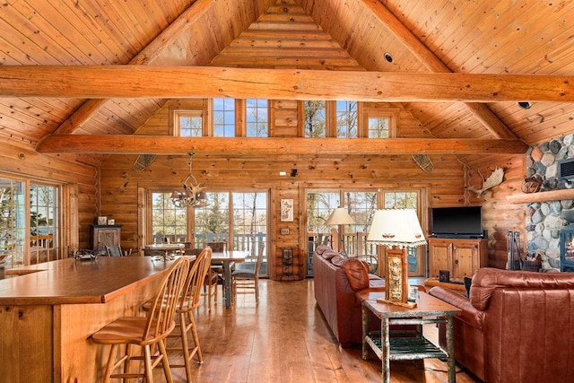 living room featuring beam ceiling, a notable chandelier, wood ceiling, and light wood finished floors