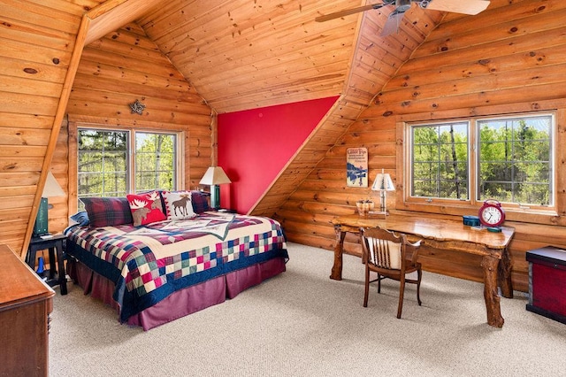 carpeted bedroom with log walls, wood ceiling, and high vaulted ceiling