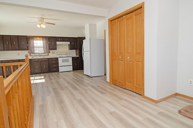 kitchen featuring light wood finished floors, under cabinet range hood, dark brown cabinetry, white appliances, and a ceiling fan