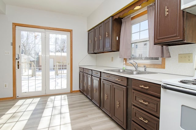 kitchen featuring a sink, dark brown cabinetry, light countertops, and electric stove