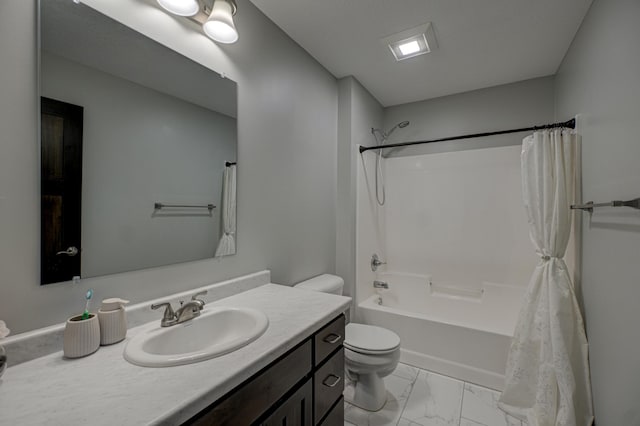 full bath featuring marble finish floor, toilet, vanity, and shower / bathtub combination with curtain