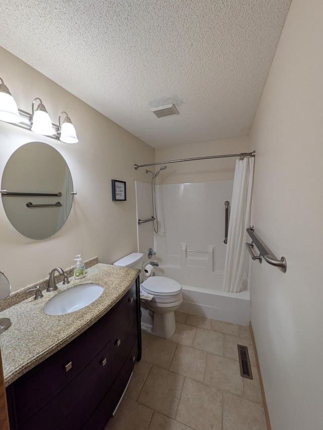 full bathroom featuring vanity, toilet, shower / bathtub combination with curtain, and visible vents