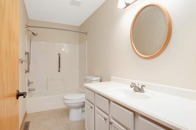bathroom featuring visible vents, toilet, shower / bathing tub combination, and vanity