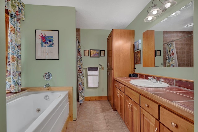 full bathroom featuring a jetted tub, tile patterned floors, baseboards, vanity, and a shower with shower curtain