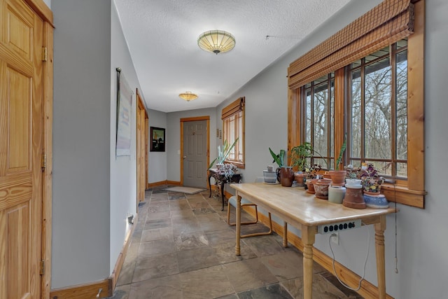 hall featuring stone tile floors, a textured ceiling, and baseboards