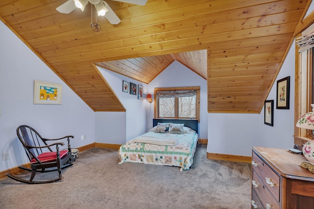carpeted bedroom with baseboards, vaulted ceiling, and wooden ceiling