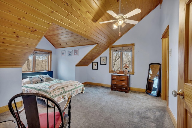 carpeted bedroom featuring baseboards, a ceiling fan, lofted ceiling, and wooden ceiling