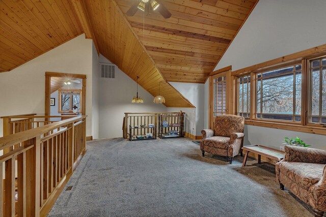 1356 119th St NW, Silver Creek Twp, MN 55362 - living area featuring wood ceiling, ceiling fan, carpet floors, and visible vents