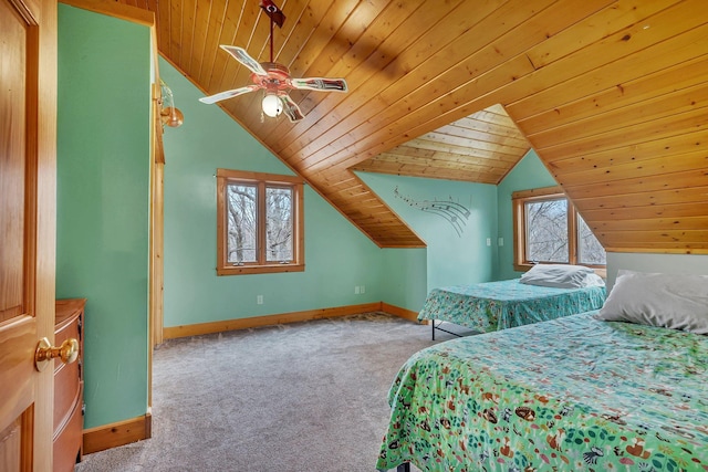 1356 119th St NW, Silver Creek Twp, MN 55362 - carpeted bedroom featuring baseboards, ceiling fan, vaulted ceiling, and wooden ceiling