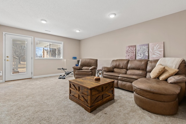 living room with baseboards, light colored carpet, and a textured ceiling