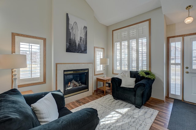 living area featuring a glass covered fireplace, high vaulted ceiling, and wood finished floors