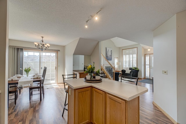 kitchen featuring a wealth of natural light, a notable chandelier, light countertops, and wood finished floors