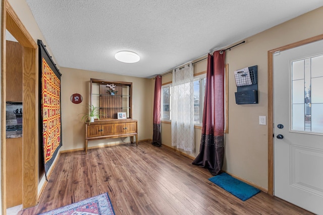 entryway featuring a healthy amount of sunlight, a textured ceiling, baseboards, and wood finished floors