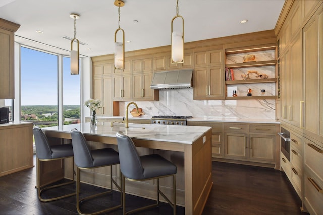 kitchen featuring a sink, dark wood-style floors, decorative backsplash, light stone countertops, and extractor fan