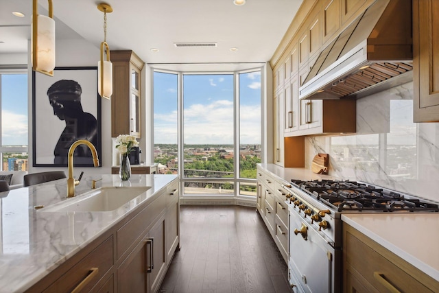 kitchen with range hood, dark wood finished floors, range with two ovens, a sink, and decorative backsplash