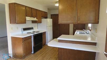 kitchen with under cabinet range hood, light countertops, a peninsula, electric range, and a sink