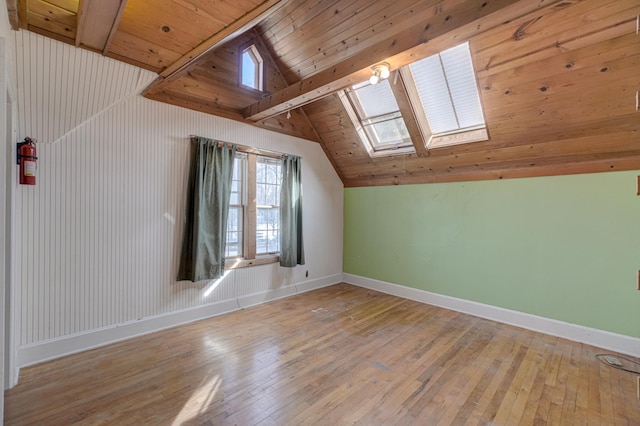 additional living space with lofted ceiling with skylight, wooden ceiling, baseboards, and light wood-style floors