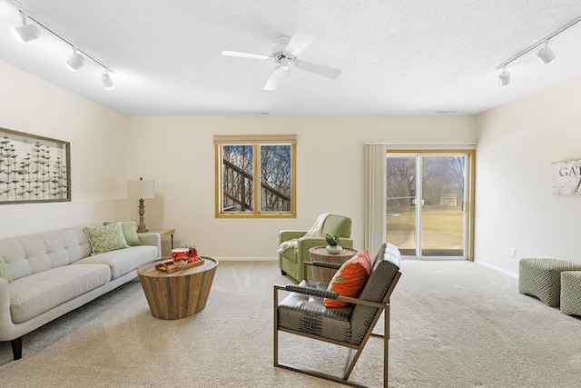 living area with carpet, baseboards, and a textured ceiling