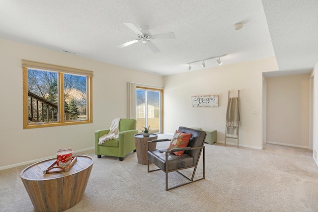 living room with baseboards, light colored carpet, and a textured ceiling