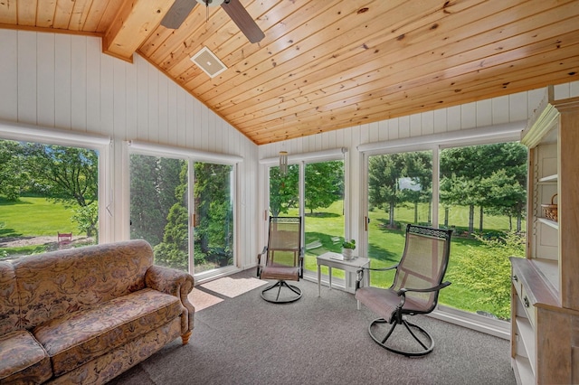 5191 Christen Ave NE, Buffalo, MN 55313 - sunroom / solarium with wooden ceiling, carpet, ceiling fan, and vaulted ceiling with beams