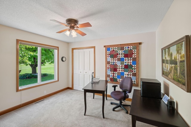 5191 Christen Ave NE, Buffalo, MN 55313 - office with visible vents, light carpet, a textured ceiling, and a ceiling fan