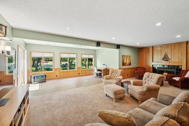 5191 Christen Ave NE, Buffalo, MN 55313 - living area with light wood finished floors, recessed lighting, wainscoting, a warm lit fireplace, and a textured ceiling