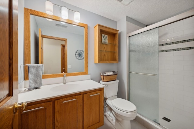 5191 Christen Ave NE, Buffalo, MN 55313 - full bathroom featuring visible vents, toilet, a stall shower, a textured ceiling, and vanity