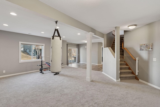 workout area with recessed lighting, baseboards, and carpet floors