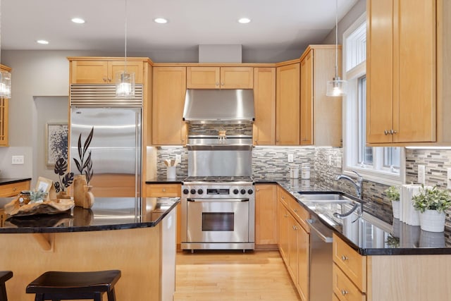 kitchen featuring high end appliances, light brown cabinets, under cabinet range hood, and a sink