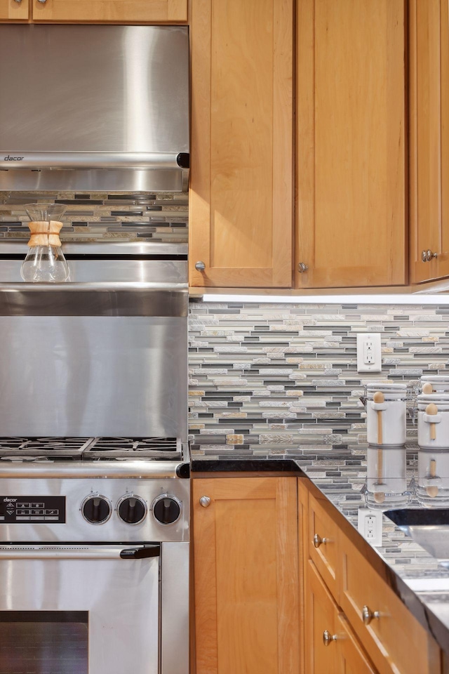 kitchen with tasteful backsplash and high end stainless steel range oven