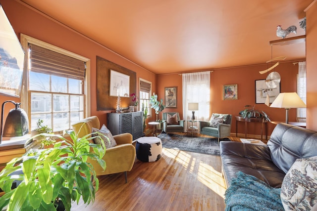 living area with hardwood / wood-style floors