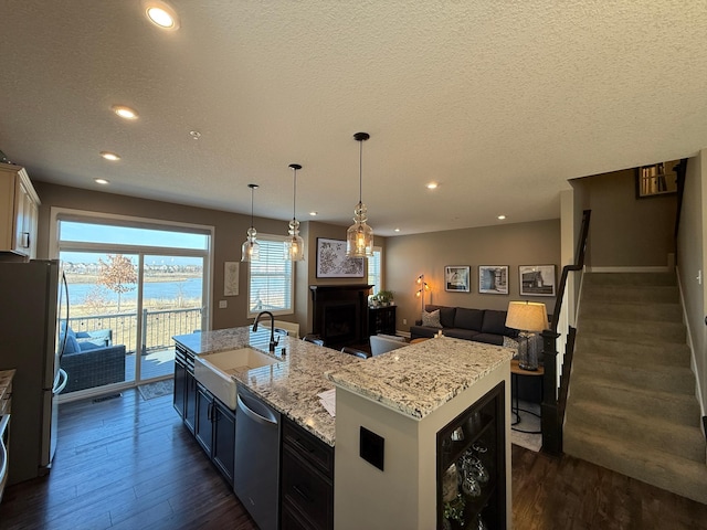 kitchen featuring a sink, stainless steel appliances, dark wood-style floors, and a fireplace