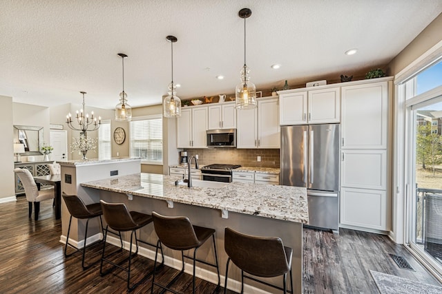 kitchen featuring tasteful backsplash, a sink, dark wood finished floors, stainless steel appliances, and a kitchen island with sink