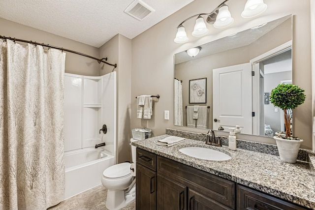 bathroom with visible vents, toilet, shower / bath combo, a textured ceiling, and vanity