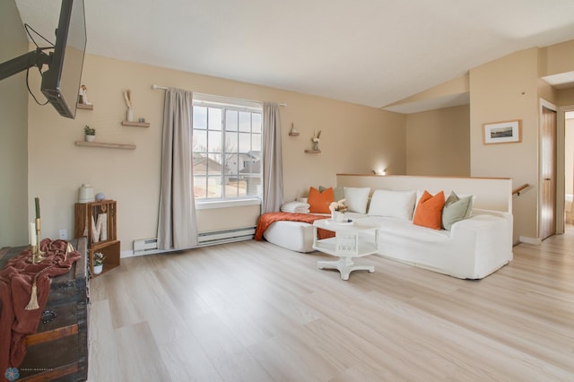 living room featuring a baseboard radiator, baseboard heating, and wood finished floors