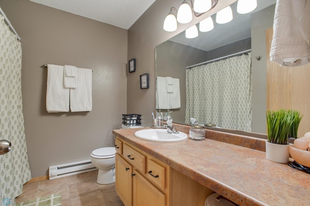 full bath featuring toilet, a shower with shower curtain, tile patterned floors, vanity, and a baseboard radiator