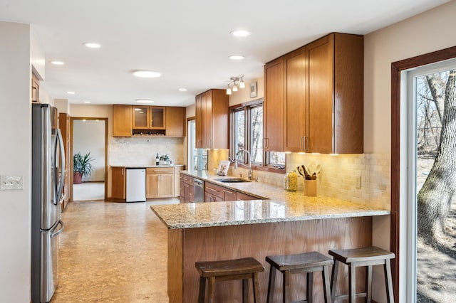 kitchen featuring a peninsula, a healthy amount of sunlight, stainless steel appliances, and a sink