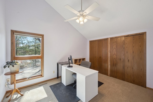 office area with a ceiling fan, carpet, visible vents, high vaulted ceiling, and baseboards