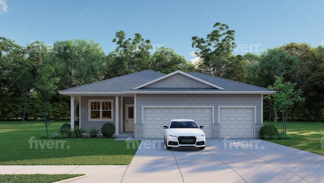 single story home with board and batten siding, a shingled roof, a front yard, a garage, and driveway