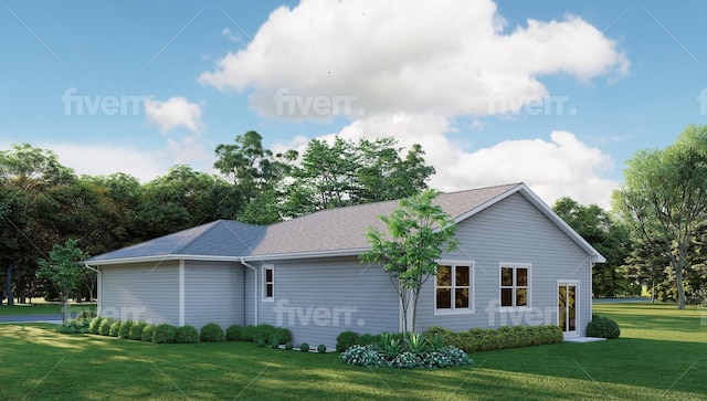 view of property exterior with a lawn and roof with shingles