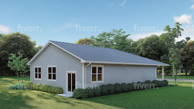 exterior space with a front yard and a shingled roof