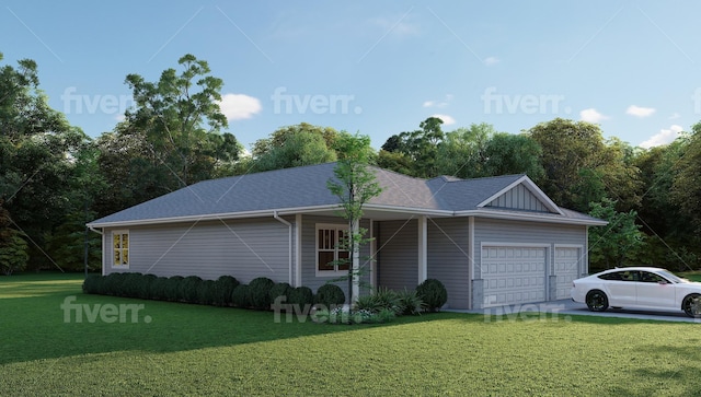 ranch-style home featuring board and batten siding, roof with shingles, a front yard, driveway, and an attached garage