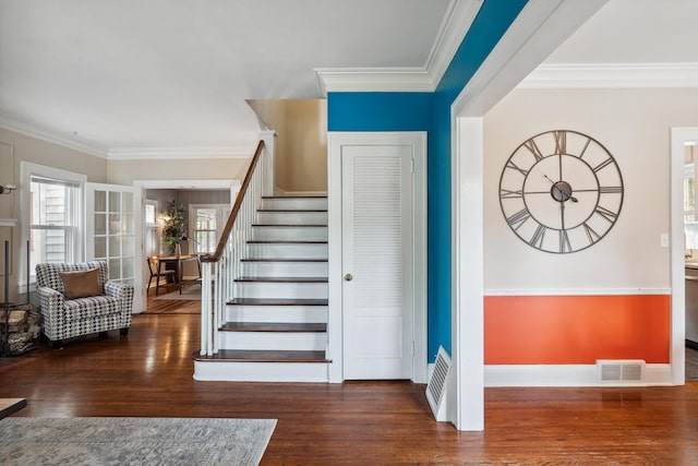 5026 Nokomis Ave, Minneapolis, MN 55417 - stairs featuring wood finished floors, ornamental molding, and baseboards