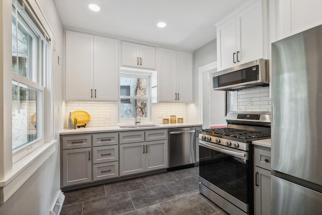 5026 Nokomis Ave, Minneapolis, MN 55417 - kitchen with appliances with stainless steel finishes, a sink, gray cabinetry, healthy amount of natural light, and recessed lighting