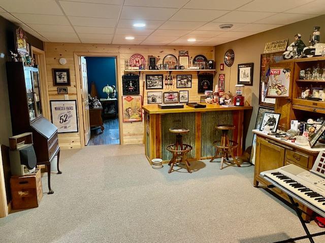 26909 Lake Ethel Rd, Girard Twp, MN 56515 - indoor dry bar featuring light colored carpet and a paneled ceiling