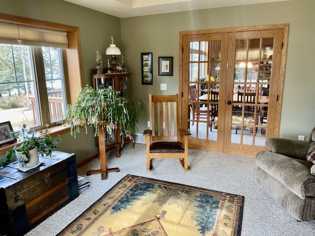 26909 Lake Ethel Rd, Girard Twp, MN 56515 - sitting room with carpet flooring, french doors, and baseboards