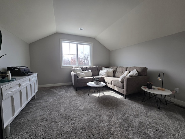 carpeted living room with baseboards and lofted ceiling