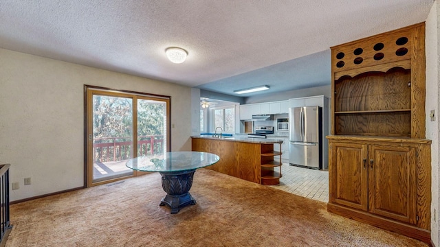 kitchen with open shelves, a peninsula, stainless steel appliances, light carpet, and white cabinetry