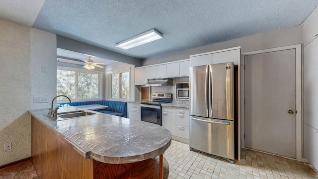 kitchen with a peninsula, a sink, under cabinet range hood, appliances with stainless steel finishes, and a textured wall